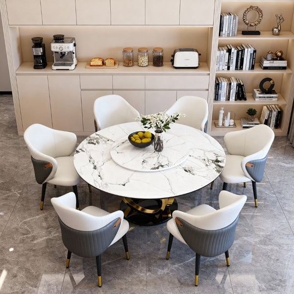 English Elm 59 Inch Round Sintered Stone Dining Table with Lazy Susan Seats 8 Modern Kitchen 53 inches 6 Chairs - A W2699S00161
