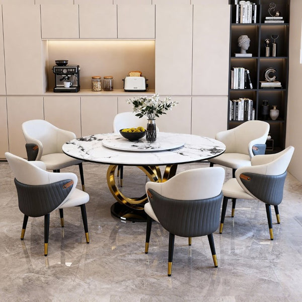 English Elm 59 Inch Round Sintered Stone Dining Table with Lazy Susan Seats 8 Modern Kitchen 53 inches 6 Chairs - A W2699S00161
