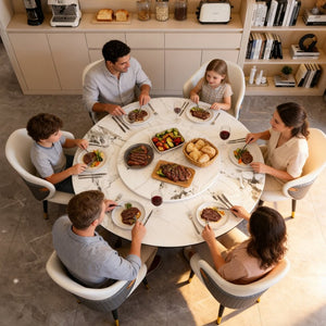 English Elm 59 Inch Round Sintered Stone Dining Table with Lazy Susan Seats 8 Modern Kitchen 53 inches 6 Chairs - A W2699S00161