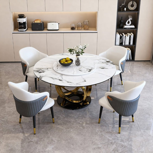 English Elm 59 Inch Round Sintered Stone Dining Table with Rotating Lazy Susan for Bistro 53 inches 8 Chairs W2699S00162