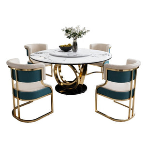 English Elm 59 Inch Round Sintered Stone Dining Table with Rotating Lazy Susan for Bistro 59 inches 4 Gold-Plated Iron Cushion Chairs W2699S00163