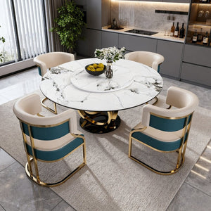 English Elm 59 Inch Round Sintered Stone Dining Table with Rotating Lazy Susan for Bistro 59 inches 4 Gold-Plated Iron Cushion Chairs W2699S00163