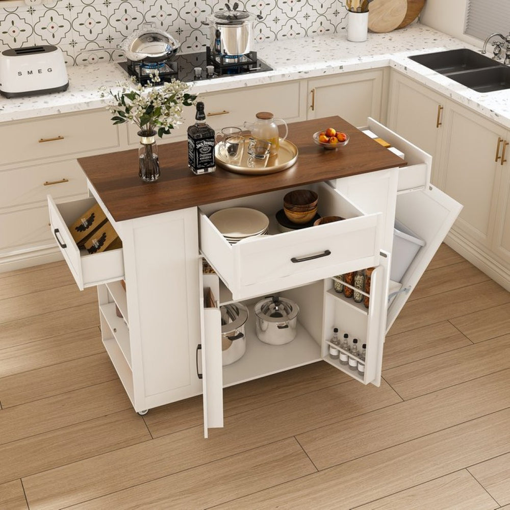English Elm 46" Rolling Kitchen Island with Power Outlet Drawer and Wood Grain Laminate Top W2700P392943