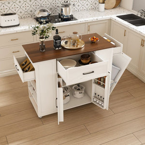 English Elm 46" Rolling Kitchen Island with Power Outlet Drawer and Wood Grain Laminate Top W2700P392943