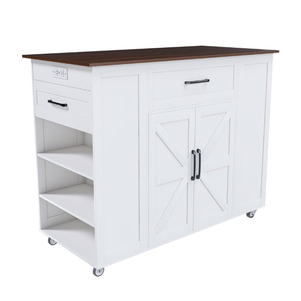English Elm 46" Rolling Kitchen Island with Power Outlet Drawer and Wood Grain Laminate Top W2700P392943