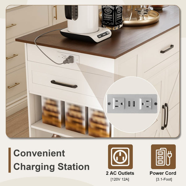 English Elm 46" Rolling Kitchen Island with Power Outlet Drawer and Wood Grain Laminate Top W2700P392943