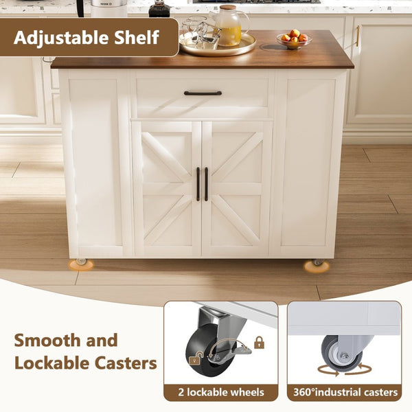 English Elm 46" Rolling Kitchen Island with Power Outlet Drawer and Wood Grain Laminate Top W2700P392943