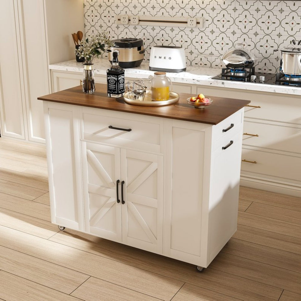 English Elm 46" Rolling Kitchen Island with Power Outlet Drawer and Wood Grain Laminate Top W2700P392943