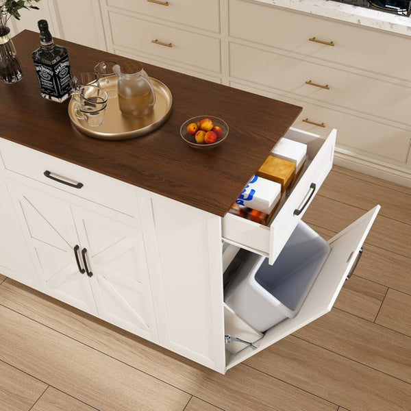 English Elm 46" Rolling Kitchen Island with Power Outlet Drawer and Wood Grain Laminate Top W2700P392943