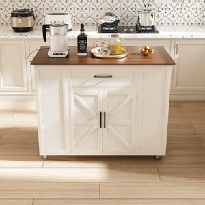 English Elm 46" Rolling Kitchen Island with Power Outlet Drawer and Wood Grain Laminate Top W2700P392943