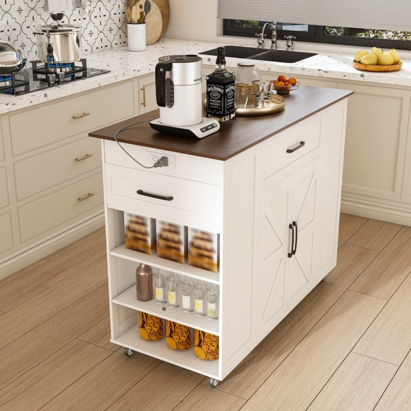 English Elm 46" Rolling Kitchen Island with Power Outlet Drawer and Wood Grain Laminate Top W2700P392943
