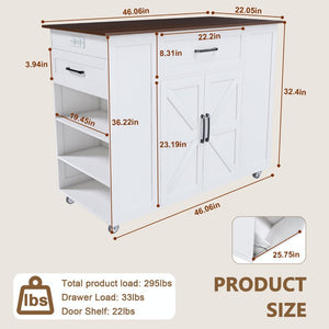 English Elm 46" Rolling Kitchen Island with Power Outlet Drawer and Wood Grain Laminate Top W2700P392943