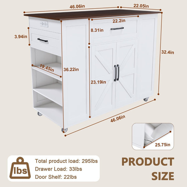 English Elm 46" Rolling Kitchen Island with Power Outlet Drawer and Wood Grain Laminate Top W2700P392943