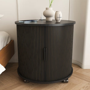 English Elm Mid Century Modern Cylinder Nightstand with Charging Station Walnut Grain Sliding Door W2700P482067