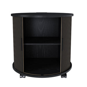 English Elm Mid Century Modern Cylinder Nightstand with Charging Station Walnut Grain Sliding Door W2700P482067