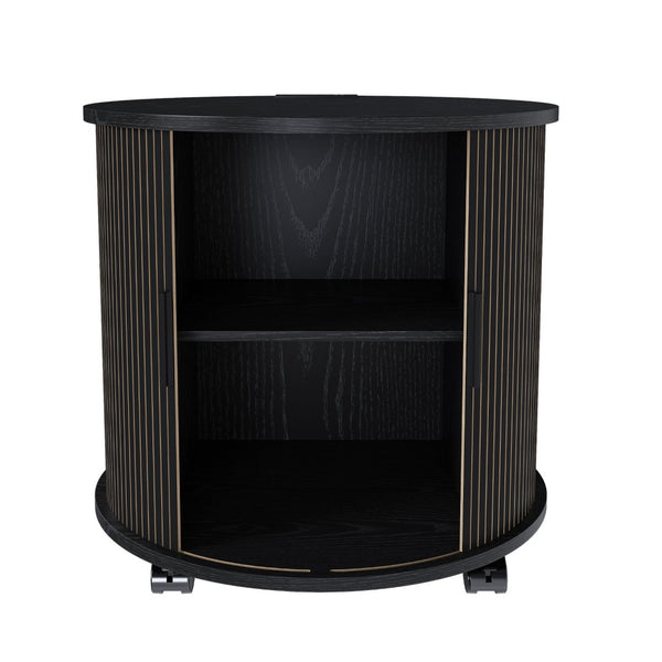 English Elm Mid Century Modern Cylinder Nightstand with Charging Station Walnut Grain Sliding Door W2700P482067