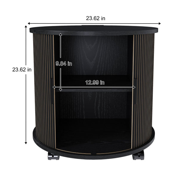 English Elm Mid Century Modern Cylinder Nightstand with Charging Station Walnut Grain Sliding Door W2700P482067