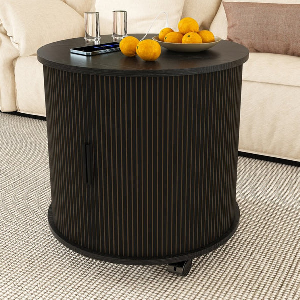 English Elm Mid Century Modern Cylinder Nightstand with Charging Station Walnut Grain Sliding Door W2700P482067