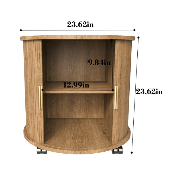 English Elm Mid Century Modern Round End Table with Charging Station Sliding Door Walnut Storage W2700P482068