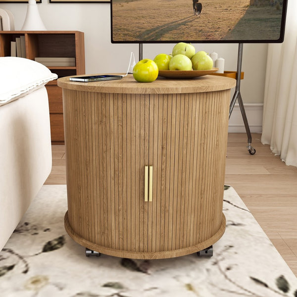 English Elm Mid Century Modern Round End Table with Charging Station Sliding Door Walnut Storage W2700P482068