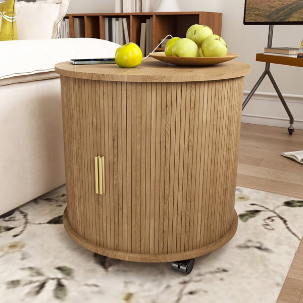 English Elm Mid Century Modern Round End Table with Charging Station Sliding Door Walnut Storage W2700P482068