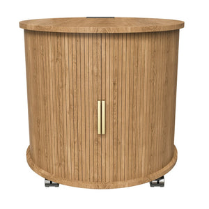 English Elm Mid Century Modern Round End Table with Charging Station Sliding Door Walnut Storage W2700P482068