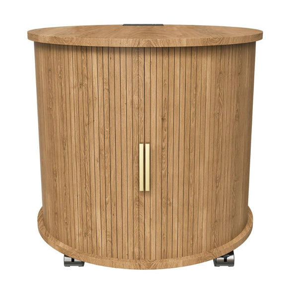 English Elm Mid Century Modern Round End Table with Charging Station Sliding Door Walnut Storage W2700P482068