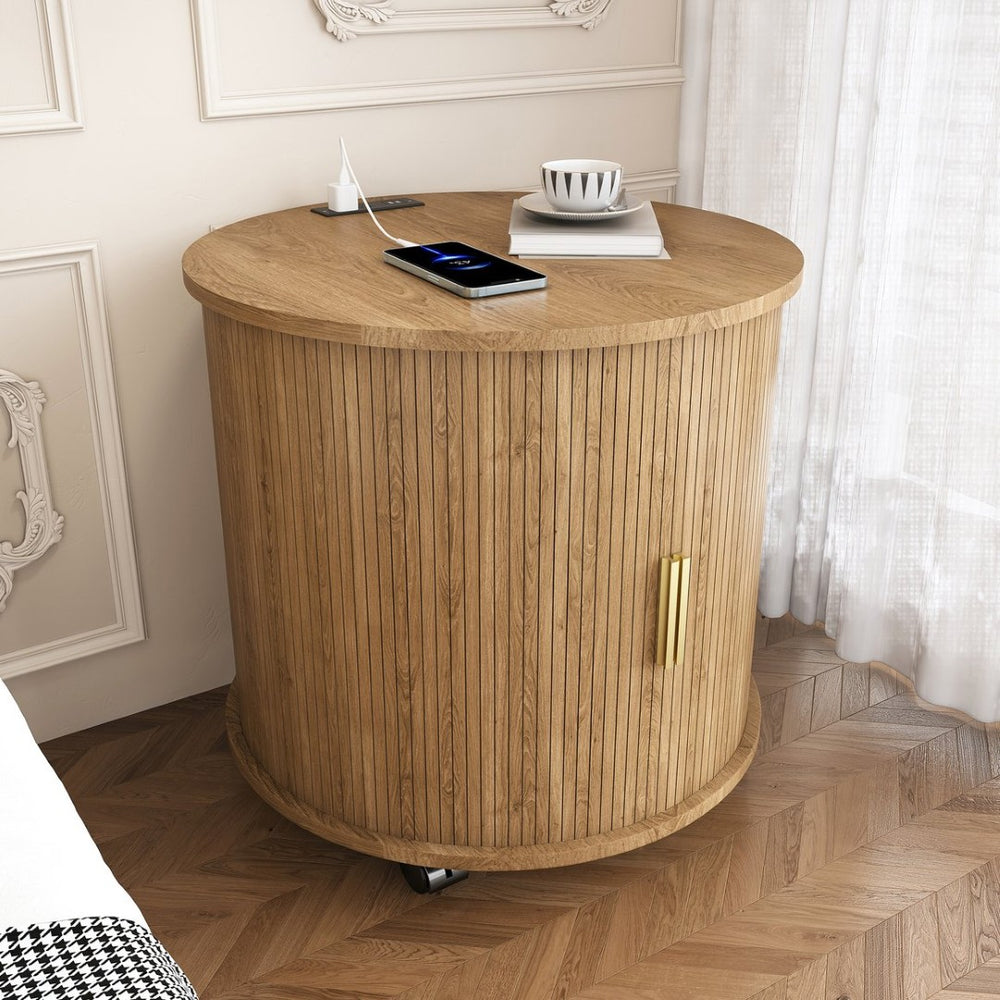 English Elm Mid Century Modern Round End Table with Charging Station Sliding Door Walnut Storage W2700P482068