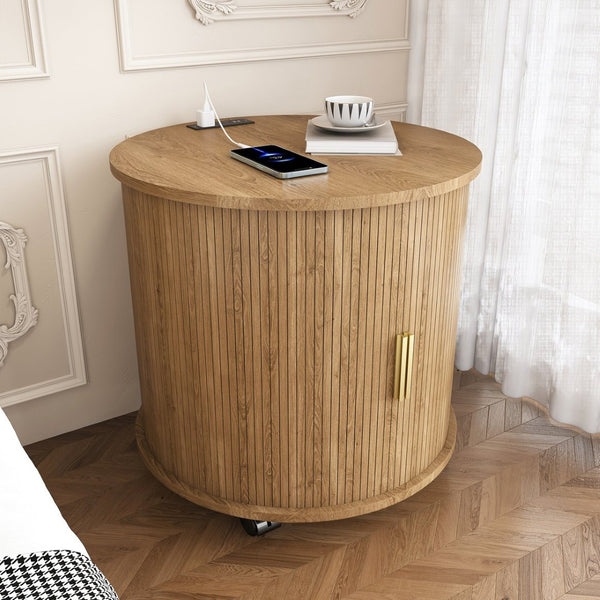 English Elm Mid Century Modern Round End Table with Charging Station Sliding Door Walnut Storage W2700P482068