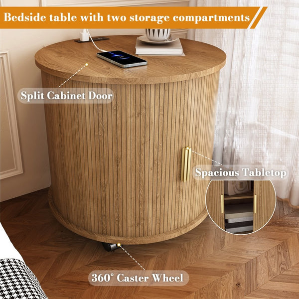 English Elm Mid Century Modern Round End Table with Charging Station Sliding Door Walnut Storage W2700P482068