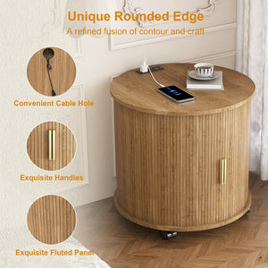 English Elm Mid Century Modern Round End Table with Charging Station Sliding Door Walnut Storage W2700P482068