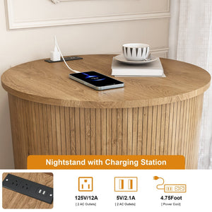 English Elm Mid Century Modern Round End Table with Charging Station Sliding Door Walnut Storage W2700P482068