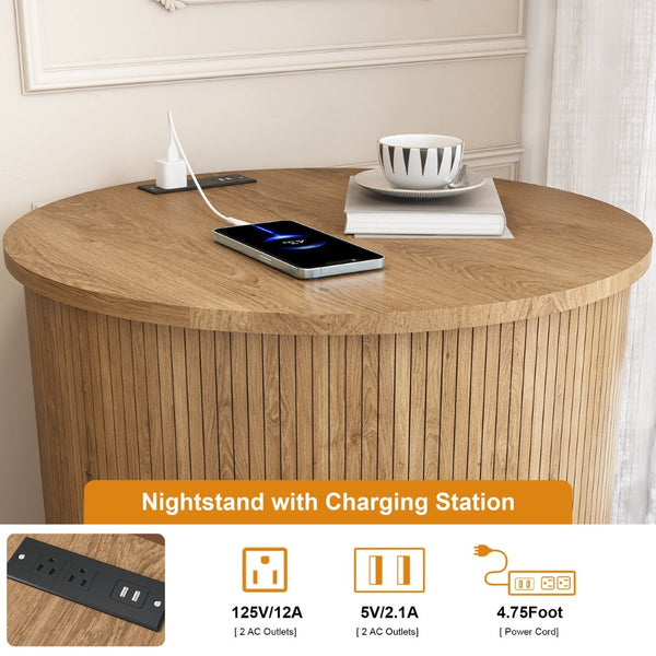 English Elm Mid Century Modern Round End Table with Charging Station Sliding Door Walnut Storage W2700P482068