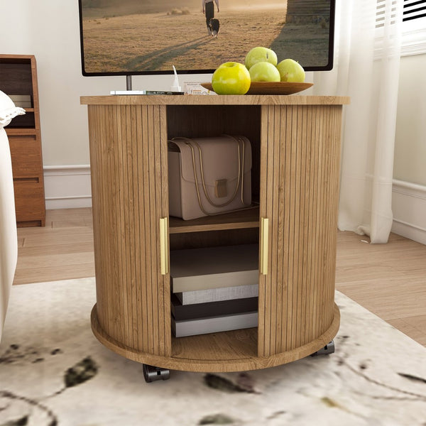 English Elm Mid Century Modern Round End Table with Charging Station Sliding Door Walnut Storage W2700P482068
