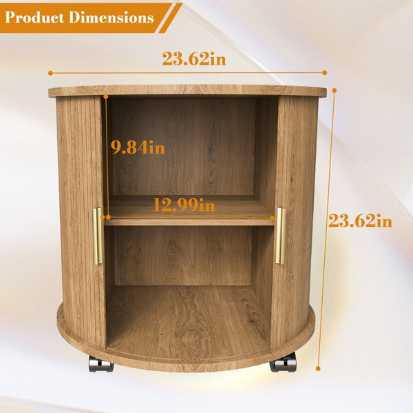 English Elm Mid Century Modern Round End Table with Charging Station Sliding Door Walnut Storage W2700P482068