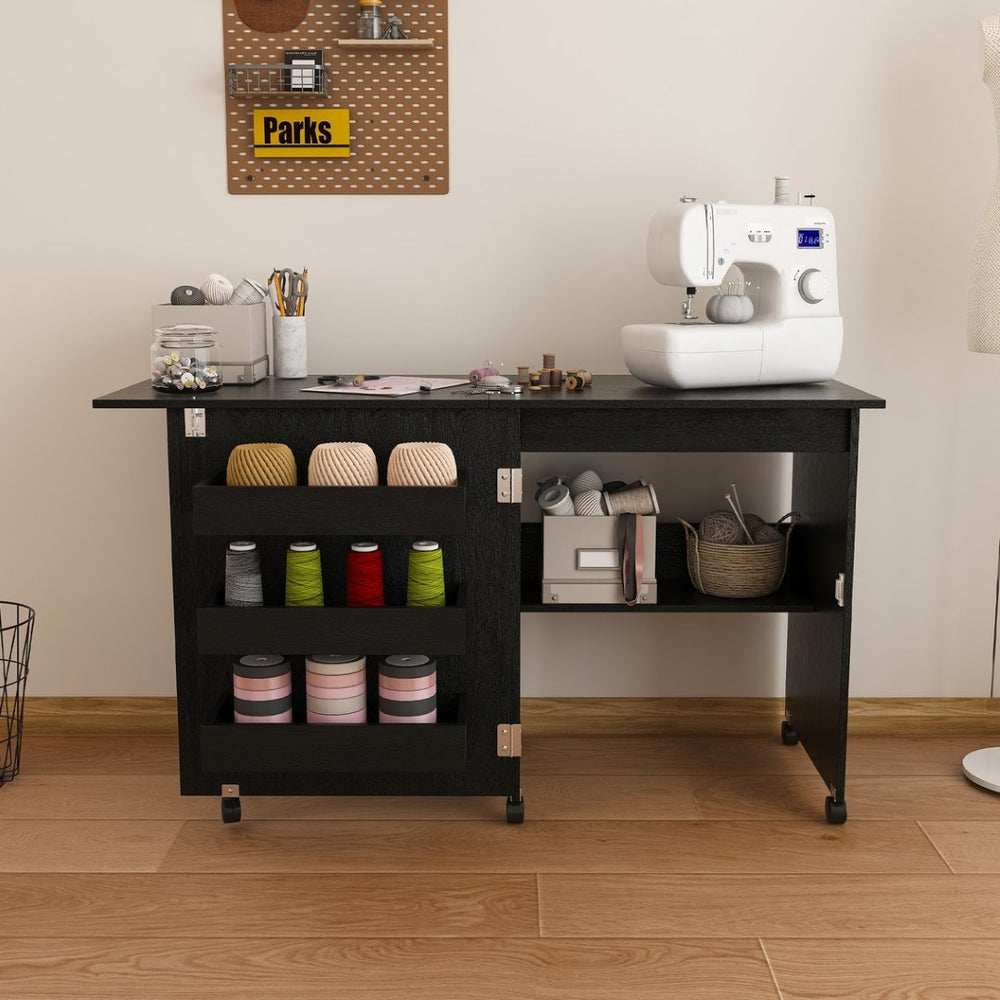 English Elm Black Rolling Folding Sewing Craft Table with Shelves for Apartment Studio Workspace W2700P487994