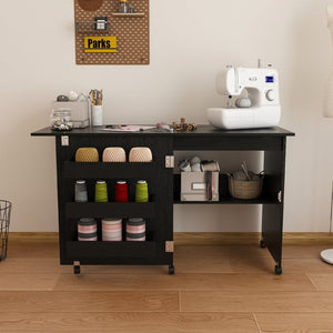 English Elm Black Rolling Folding Sewing Craft Table with Shelves for Apartment Studio Workspace W2700P487994