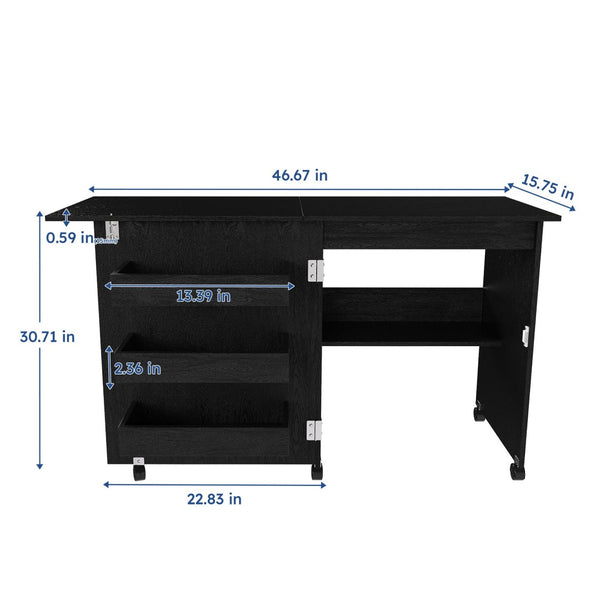 English Elm Black Rolling Folding Sewing Craft Table with Shelves for Apartment Studio Workspace W2700P487994
