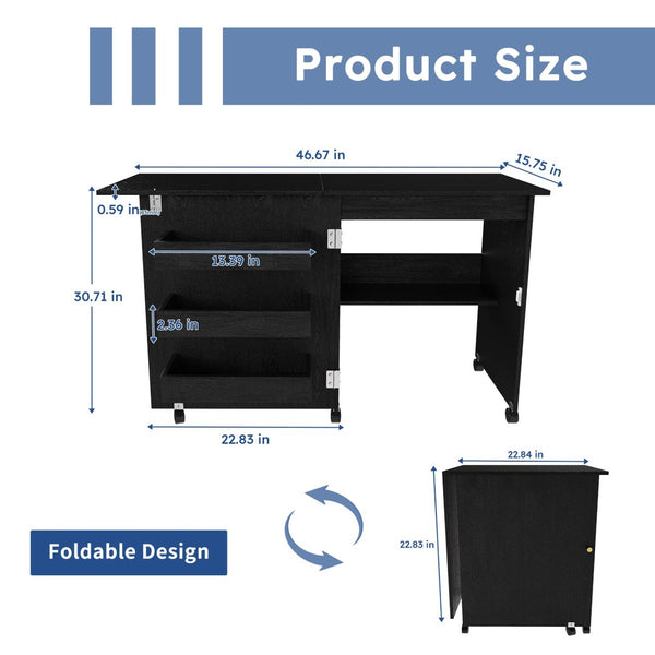 English Elm Black Rolling Folding Sewing Craft Table with Shelves for Apartment Studio Workspace W2700P487994