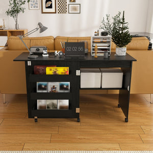 English Elm Black Rolling Folding Sewing Craft Table with Shelves for Apartment Studio Workspace W2700P487994