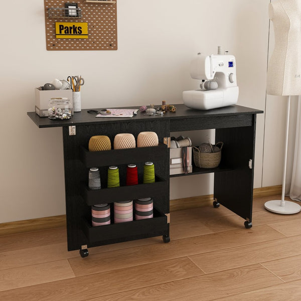 English Elm Black Rolling Folding Sewing Craft Table with Shelves for Apartment Studio Workspace W2700P487994