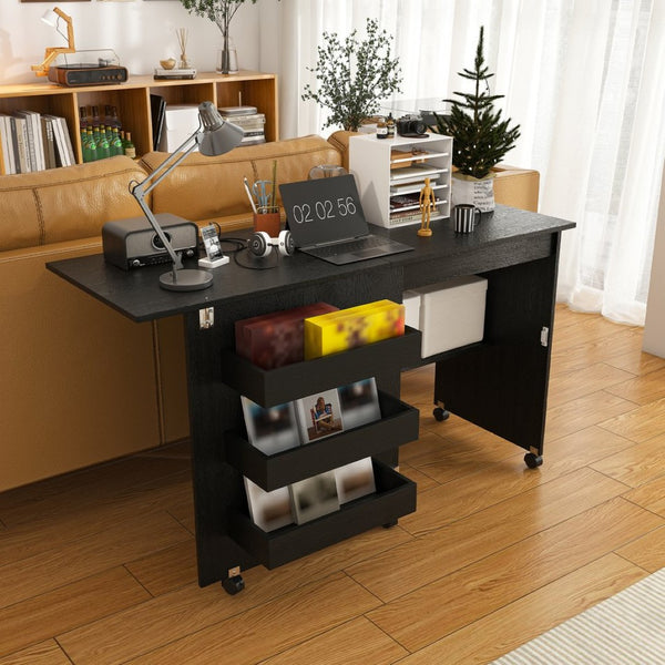 English Elm Black Rolling Folding Sewing Craft Table with Shelves for Apartment Studio Workspace W2700P487994