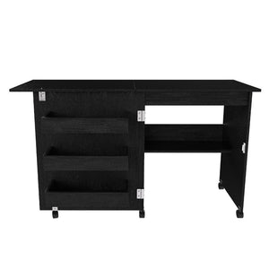 English Elm Black Rolling Folding Sewing Craft Table with Shelves for Apartment Studio Workspace W2700P487994