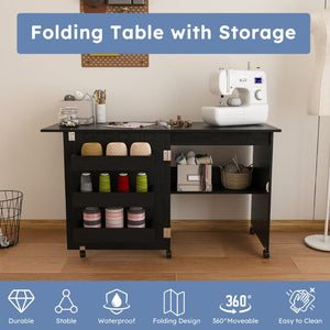 English Elm Black Rolling Folding Sewing Craft Table with Shelves for Apartment Studio Workspace W2700P487994