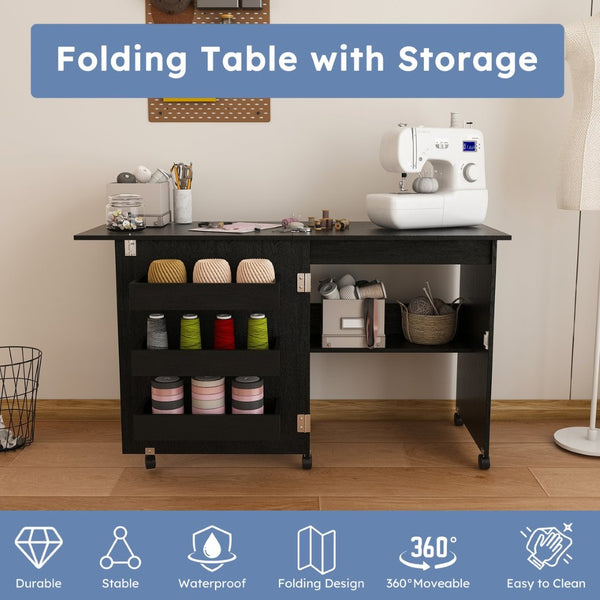 English Elm Black Rolling Folding Sewing Craft Table with Shelves for Apartment Studio Workspace W2700P487994