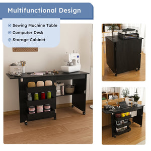 English Elm Black Rolling Folding Sewing Craft Table with Shelves for Apartment Studio Workspace W2700P487994