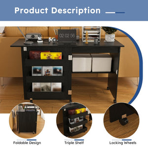 English Elm Black Rolling Folding Sewing Craft Table with Shelves for Apartment Studio Workspace W2700P487994