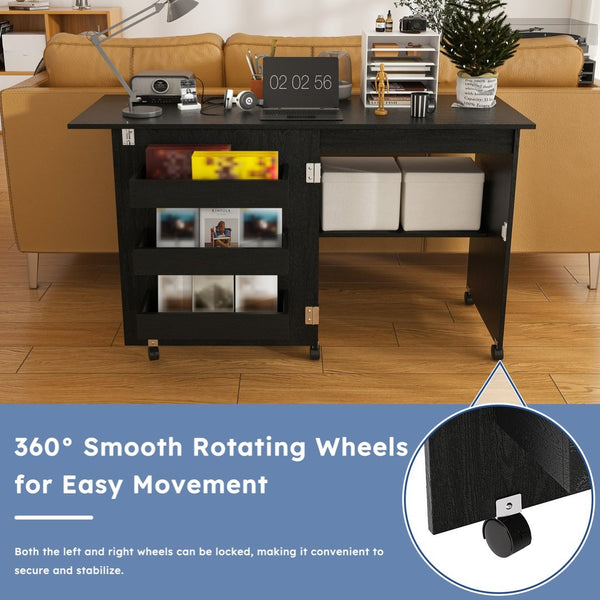 English Elm Black Rolling Folding Sewing Craft Table with Shelves for Apartment Studio Workspace W2700P487994