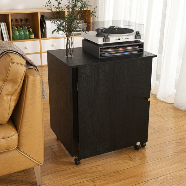 English Elm Black Rolling Folding Sewing Craft Table with Shelves for Apartment Studio Workspace W2700P487994
