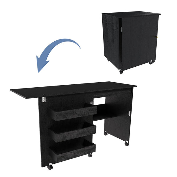 English Elm Black Rolling Folding Sewing Craft Table with Shelves for Apartment Studio Workspace W2700P487994